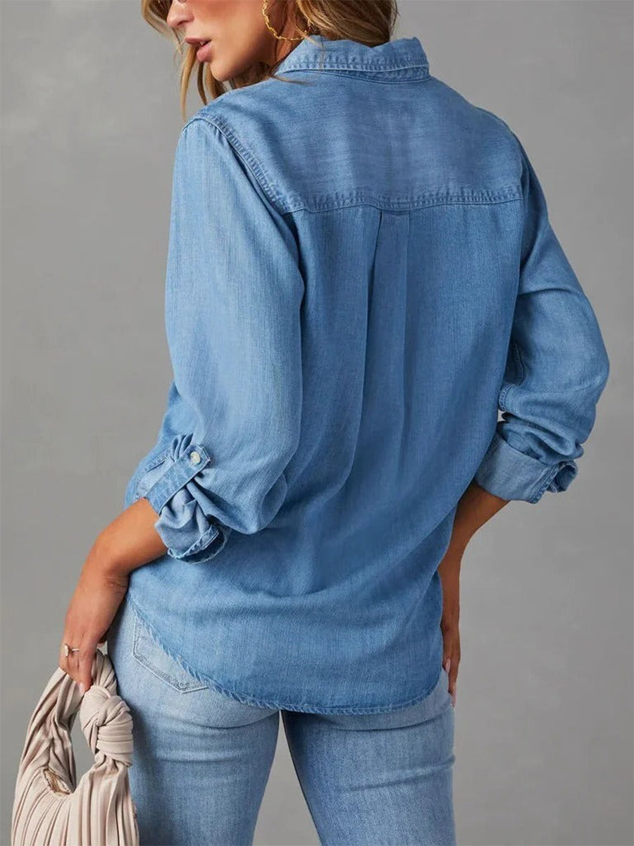 LilyWish Spring Collar Denim Long Sleeve Abstract Regular Loose Blouse