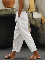Women's White Loose Cotton Drawstring Pants With Pockets