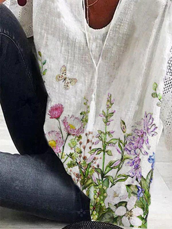LilyWish Floral Print Casual V Neck 3/4 Sleeve Blouse