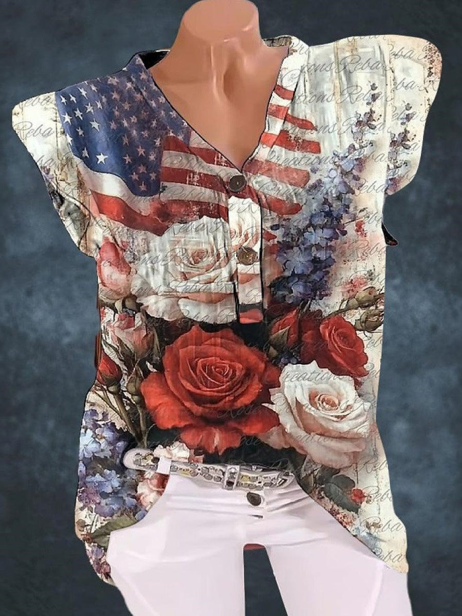 LilyWish Chic V-Neck Floral Print Short Sleeve Top