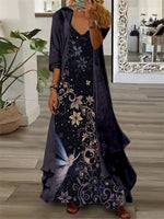 Women's Long Sleeve V-neck Graphic Printed Two Pieces Maxi Dress