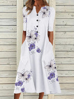White Casual V Neck Floral Printed Half Sleeve Dress