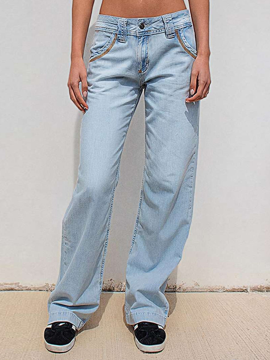 Stitch Detail Stretchy Low Waist Straight Leg Jeans
