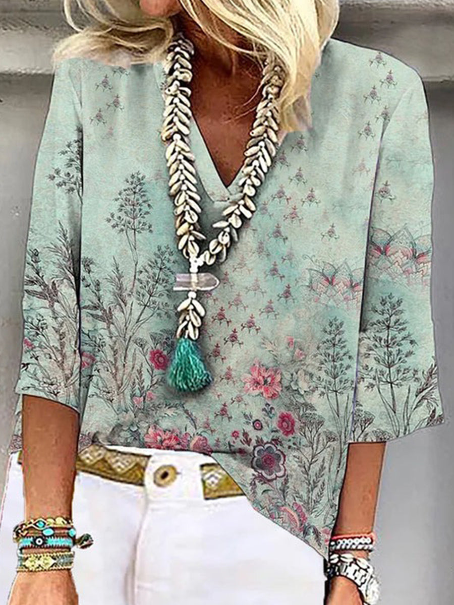 3/4 Green Floral Printed V Neck Blouse