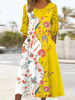 LilyWish Women's 3/4 Sleeve Round Neck Floral Printed Lace Stitching Midi Dress