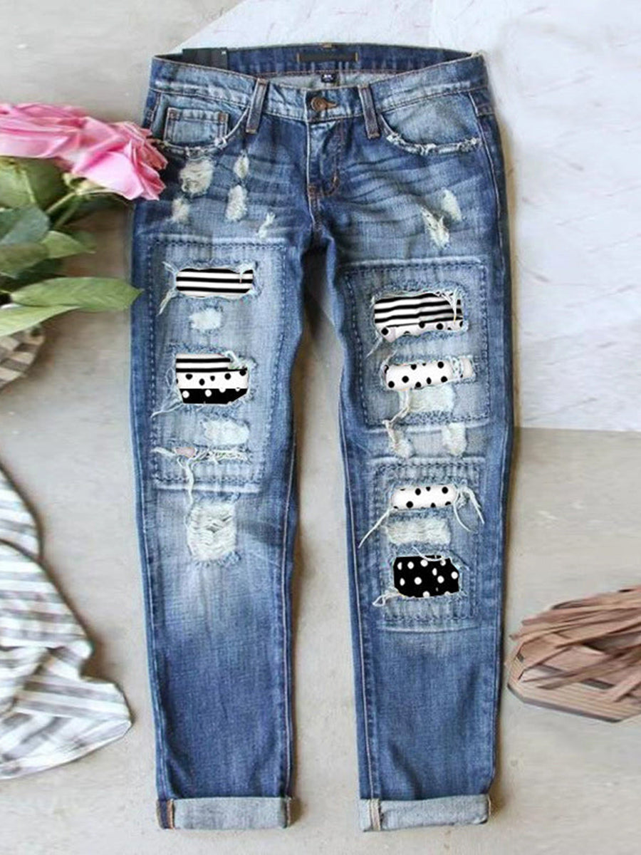 LilyWish Stretch Ripped Frayed Raw Hem Distressed Jeans