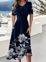 LilyWish Blue Short Sleeve V-Neck Floral Print Midi Dress