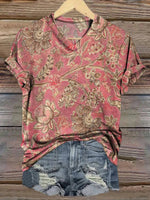 LilyWish Vintage Floral Print V-neck Short Sleeve T-Shirt