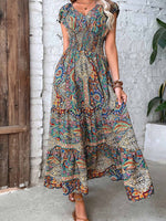 LilyWish V-neck Short Sleeve Floral Maxi Dress
