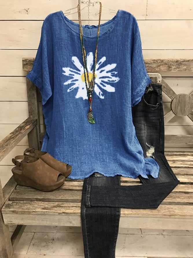 LilyWish Short Sleeve Crew Neck Shift Sunflower Print Casual Blouse