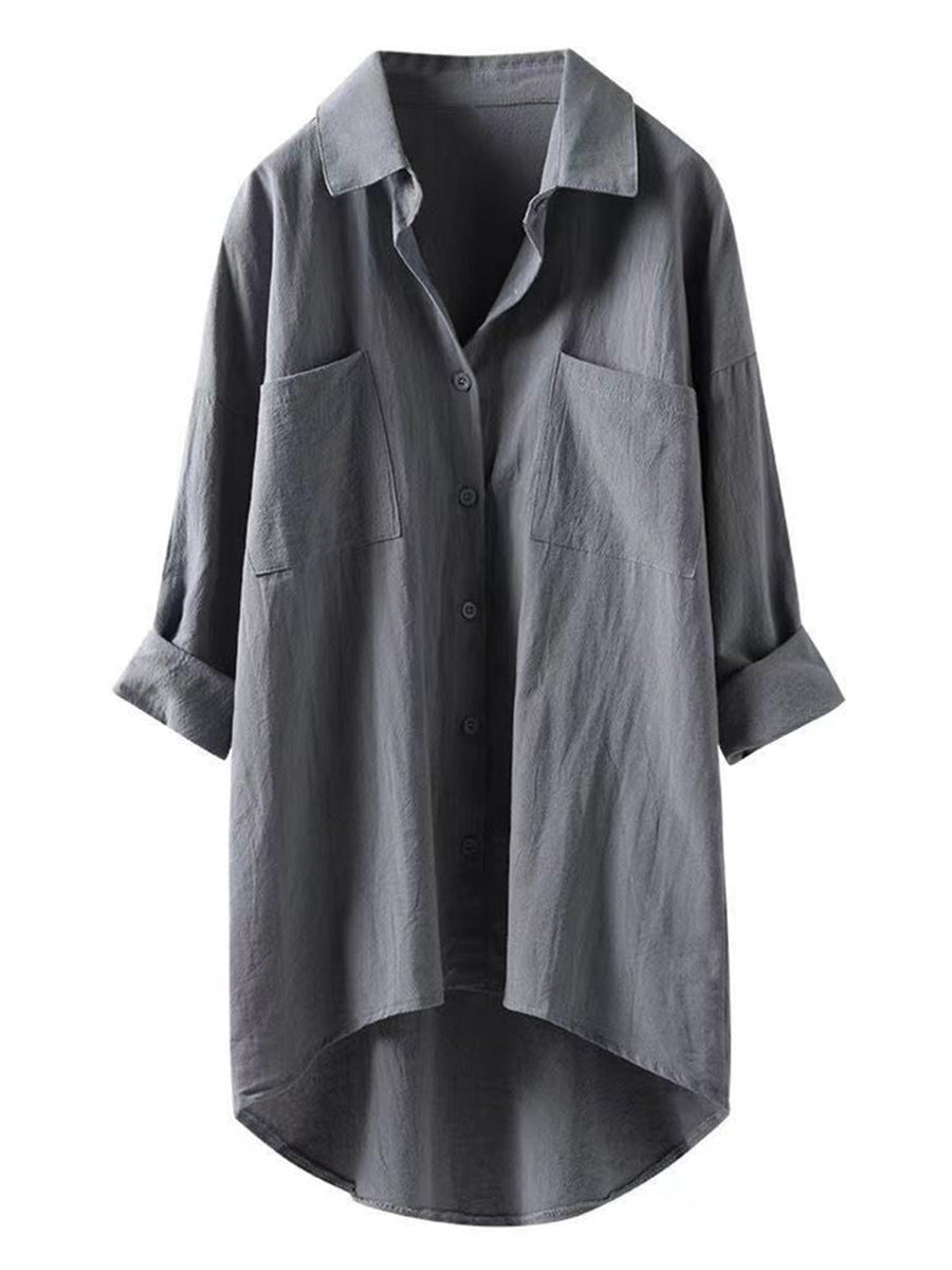 LilyWish Solid Cotton Linen V Neck Loose Top