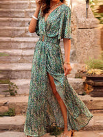 LilyWish V-neck Short Sleeve Vacation Disty Floral Maxi Dress