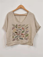 Women's V-Neck Embroidered Leaf And Floral Print Linen Top