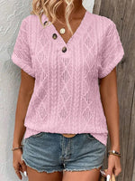Loose Short Sleeve Buttoned Solid Color V-Neck T-Shirt