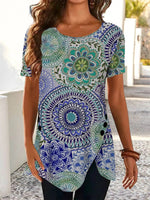 Folk Pattern Datura Irregular Hem T-shirt