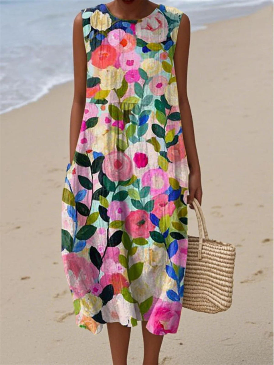 Casual Floral Print Crew Neck Sleeveless Comfy Maxi Dress