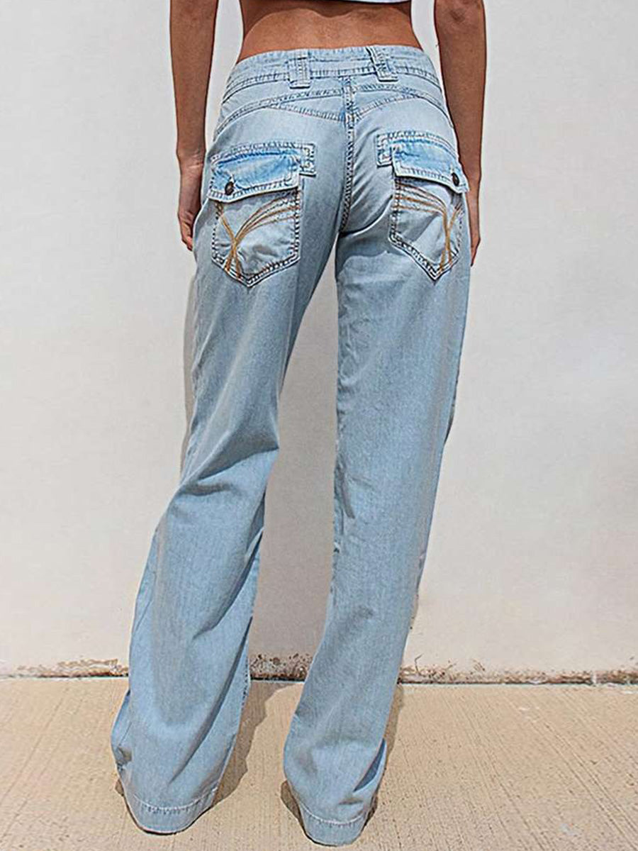 Stitch Detail Stretchy Low Waist Straight Leg Jeans
