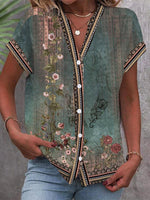 LilyWish Women's Vintage Floral Print Button Front Short Sleeve Blouse