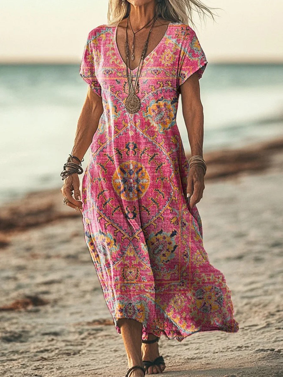 Women's Retro Flower Print Pocket Dress