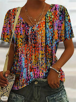 LilyWish Women Abstract Print V-neck Short Sleeve T-shirt