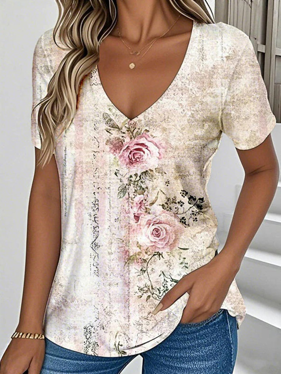 LilyWish Vintage Floral Print V-neck Short Sleeve T-Shirt