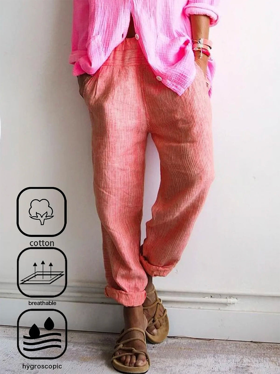 Striped Cotton And Linen Casual Harem Pants