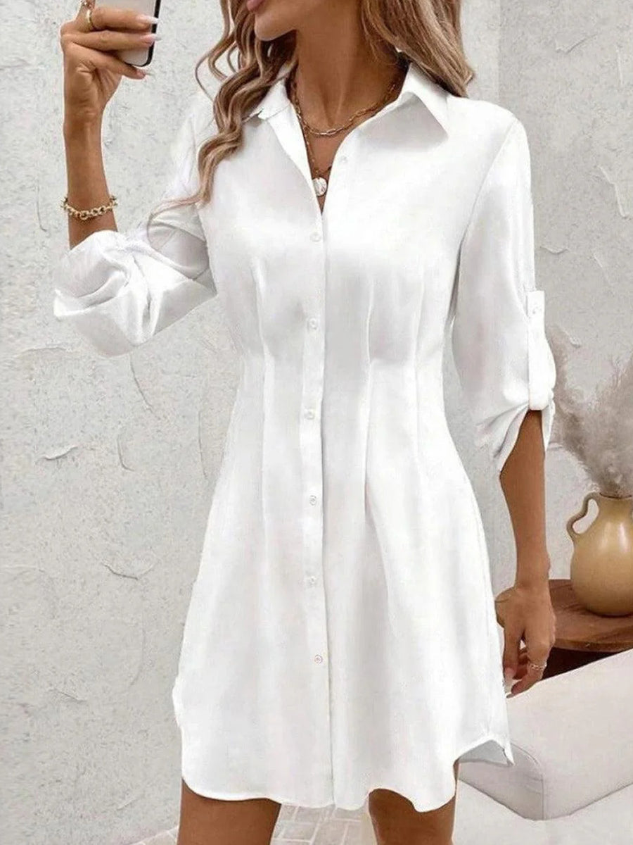 LilyWish Modern White Plain Collared Long Sleeve Mini Dress