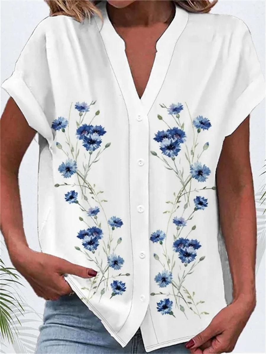 LilyWish Women Floral Print V-neck Short Sleeve Shirt