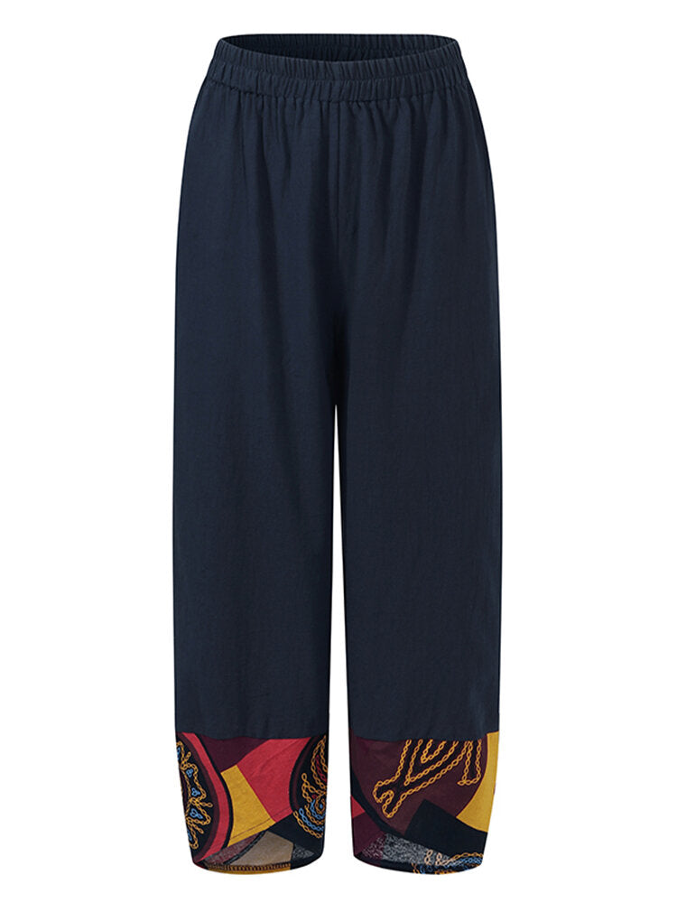 Navy Geometric Casual Pants with Pockets