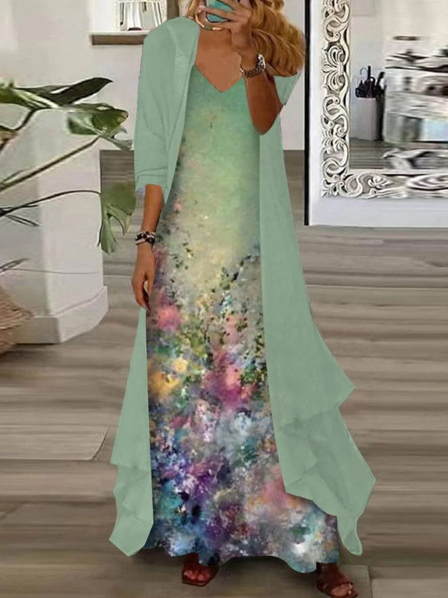 LilyWish Floral Print V-neck 3/4 Sleeve Maxi Dress With Outerwear