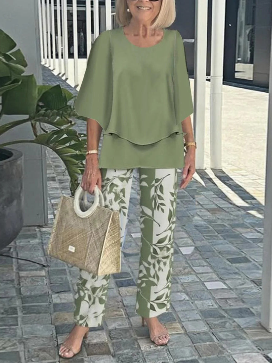 Women's Elegant Green Two-Piece Set with Layered Top & Leaf Print Pants