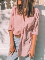 LilyWish Pink Solid Casual Tops Collared Long Sleeve Blouse