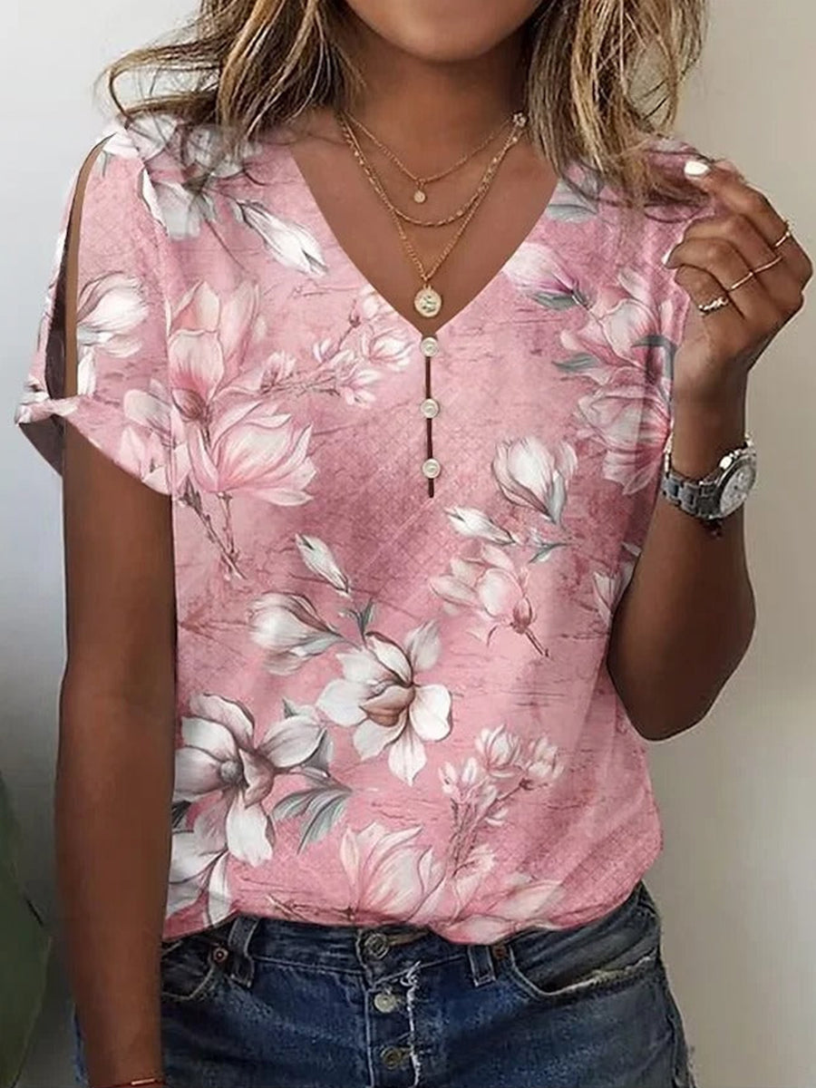 Floral V-Neck Casual Loose Fit H-Line T-Shirt