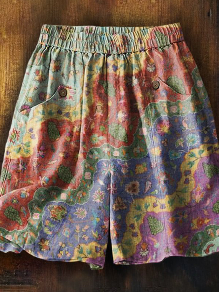 LilyWish Women's Vintage Bohemian Collage Art Printed Casual Pocket Shorts