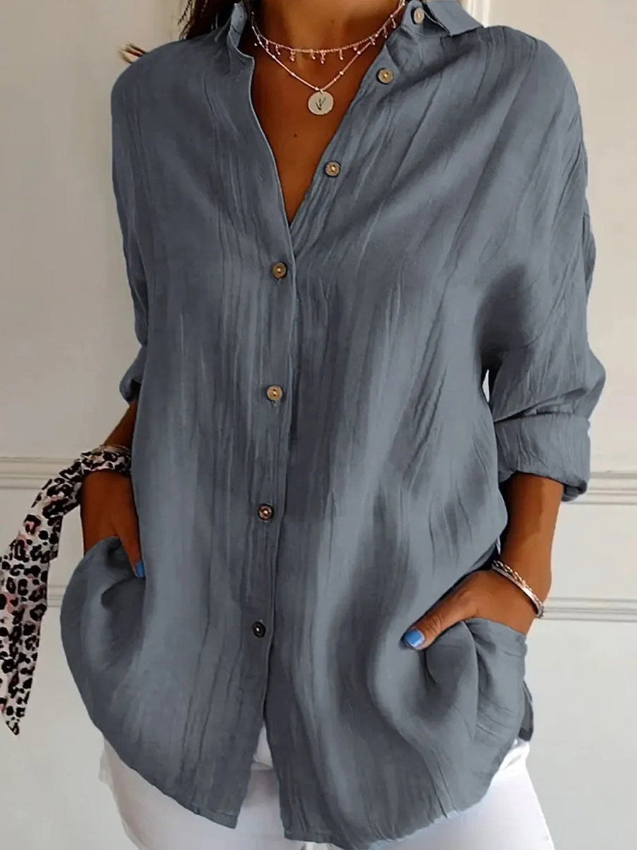 LilyWish Solid Casual Buttoned Loose V Neck Blouse