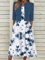 LilyWish Women's Floral Print Midi Dress with Half Sleeve Open Front Jacket