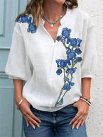 Women’s White V-neck Loose Blouse with Blue Floral Print