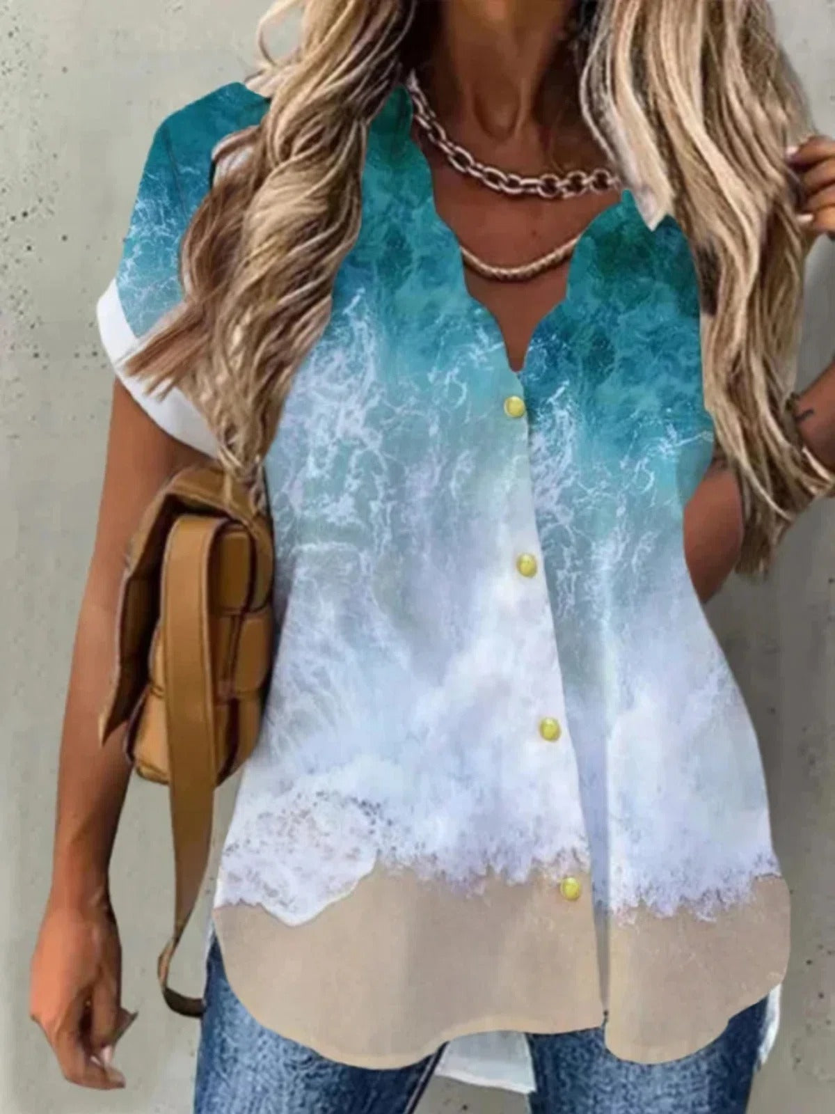 Beach Printed Short Sleeve V Neck Casual Blouses