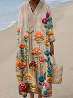 LilyWish Floral Art Print V-neck Long Sleeve Dress