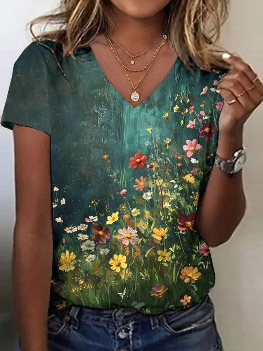 LilyWish Modern Floral Print V-neck Short Sleeve Top