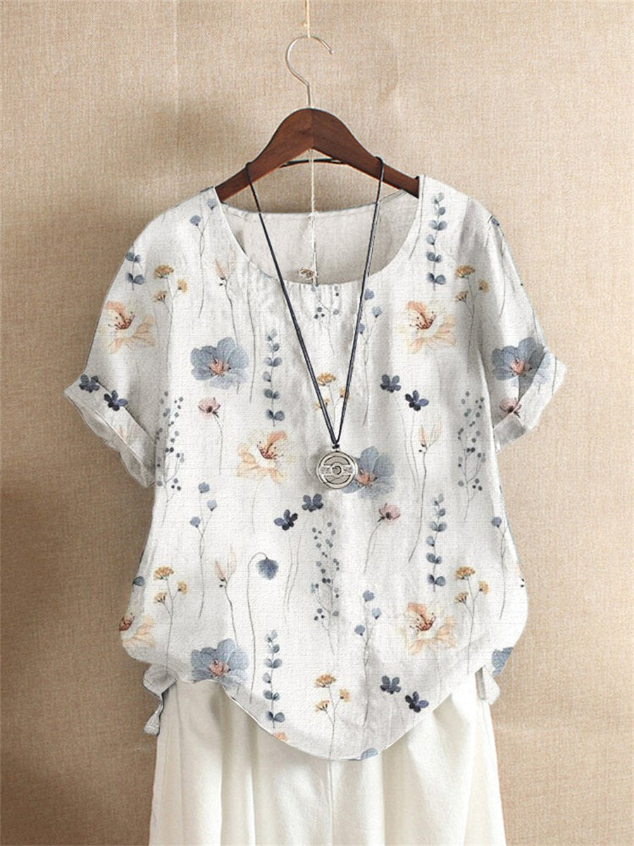 LilyWish White Vintage Floral Printed Crew Neck Short Sleeve Blouse