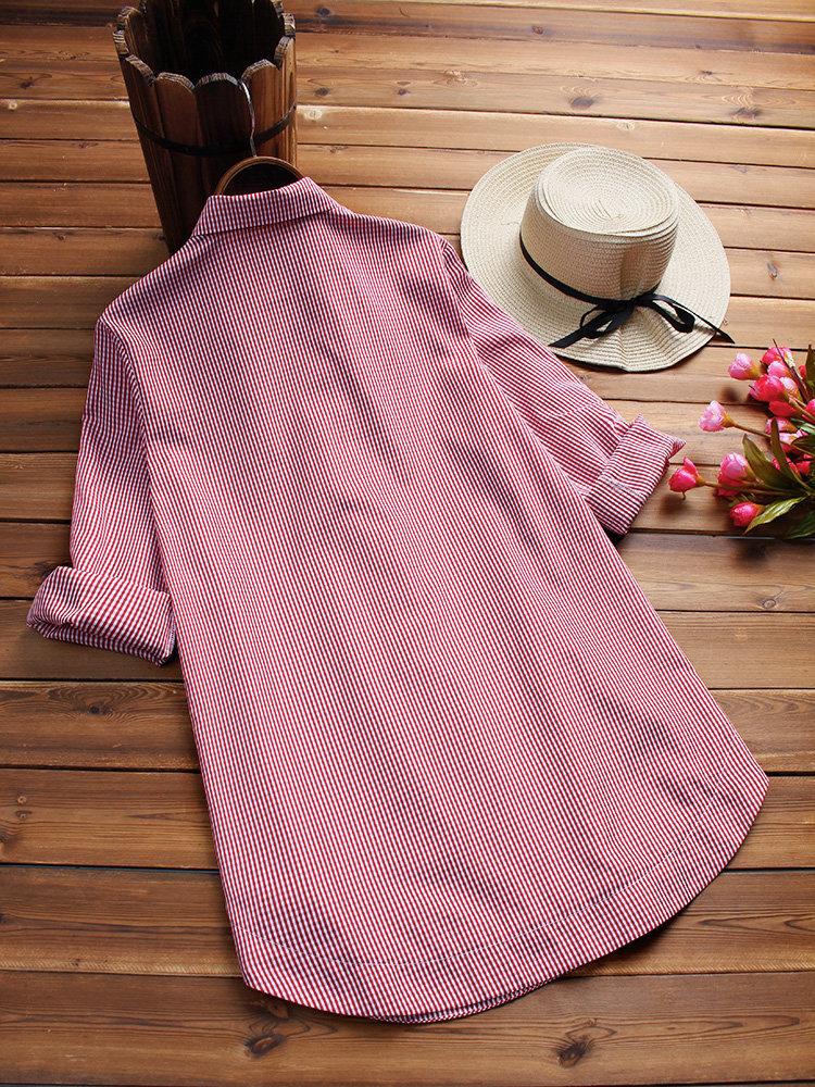 Casual Plaid Print Side Buttons Irregular Long Sleeve Blouse