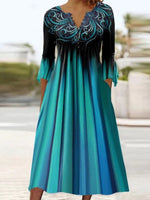 Women's Gradient V-Neck 3/4 Sleeve A-Line Midi Dress