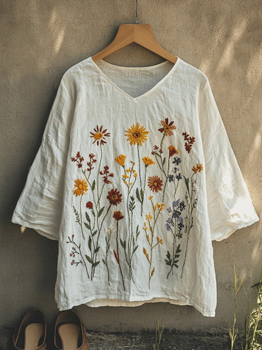 Romantic V-neck 3/4 Sleeve Floral Print White Top