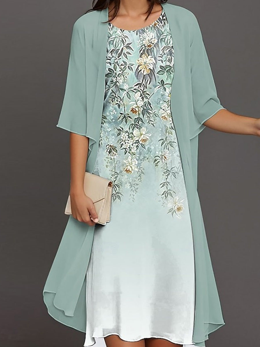 Elegant Half Sleeve Crew Neck Floral Print Loose Green Dress