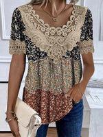 LilyWish Disty Floral Lace Loose V Neck Short Sleeve Shirt