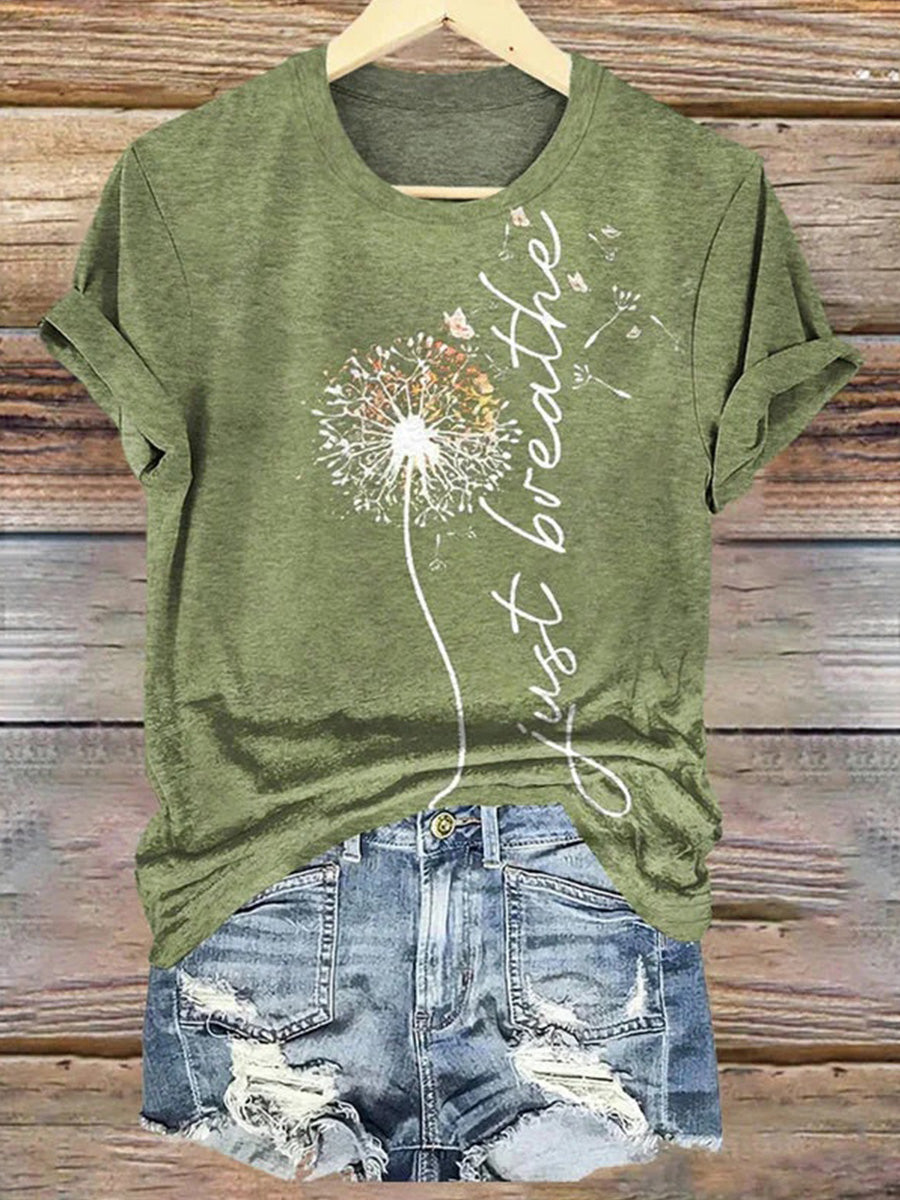 LilyWish Vintage Dandelion Print Round Neck Short Sleeve T-Shirt