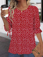 LilyWish Red Crew Neck Half Sleeve Loose Blouse