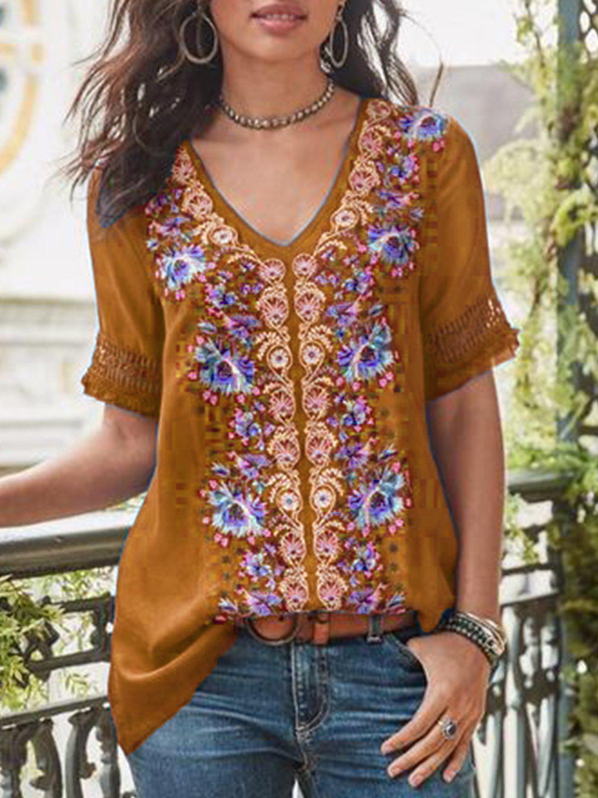 Casual Short Sleeve Patchwork V-neck Blouse