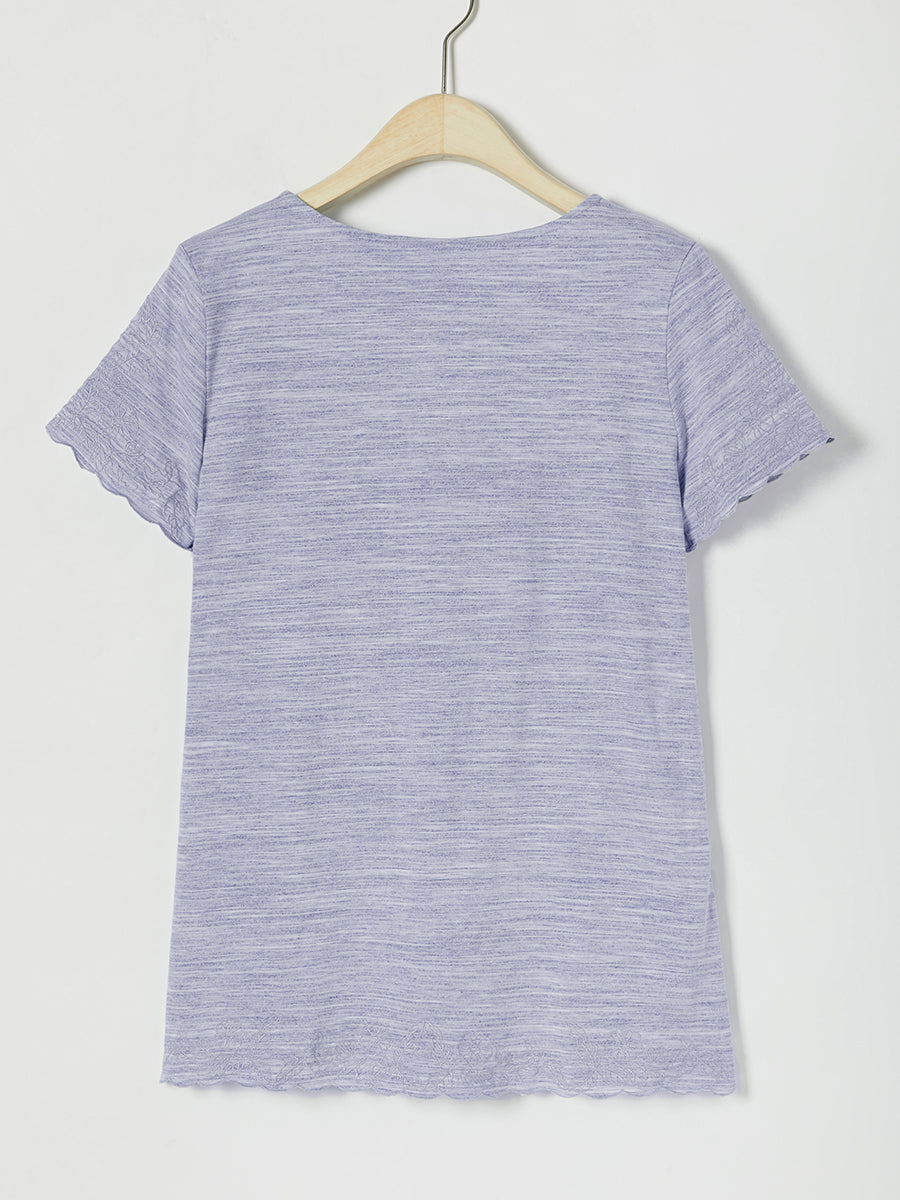 Casual Solid Embroidery V-neck Short Sleeve T-shirt